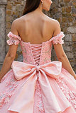 Pink Off the Shoulder Tulle Appliqued Princess Quinceanera Dress with Bow