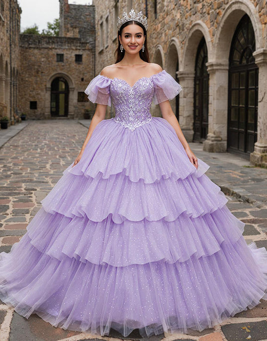 Sparkly Lilac Off the Shoulder Tulle Ruffled Princess Quinceanera Dress with Bow