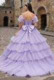 Sparkly Lilac Off the Shoulder Tulle Ruffled Princess Quinceanera Dress with Bow