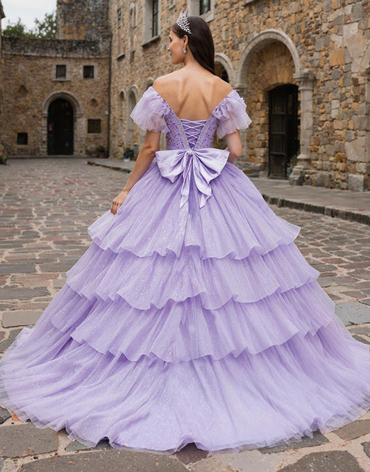 Sparkly Lilac Off the Shoulder Tulle Ruffled Princess Quinceanera Dress with Bow
