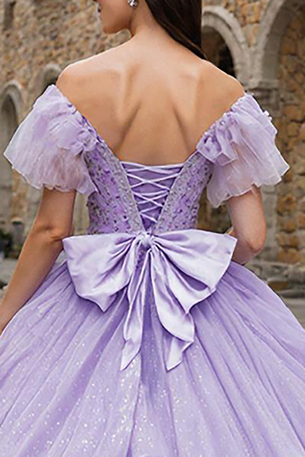 Sparkly Lilac Off the Shoulder Tulle Ruffled Princess Quinceanera Dress with Bow