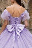 Sparkly Lilac Off the Shoulder Tulle Ruffled Princess Quinceanera Dress with Bow