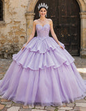 Sparkly Lilac Sweetheart Tulle Ruffled Princess Quinceanera Dress with Appliques