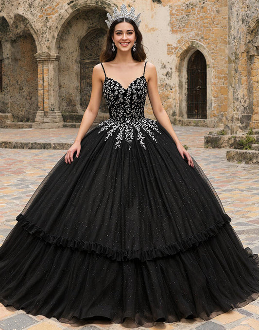 Black Spaghetti Straps Tulle Princess Quinceanera Dress with Appliques