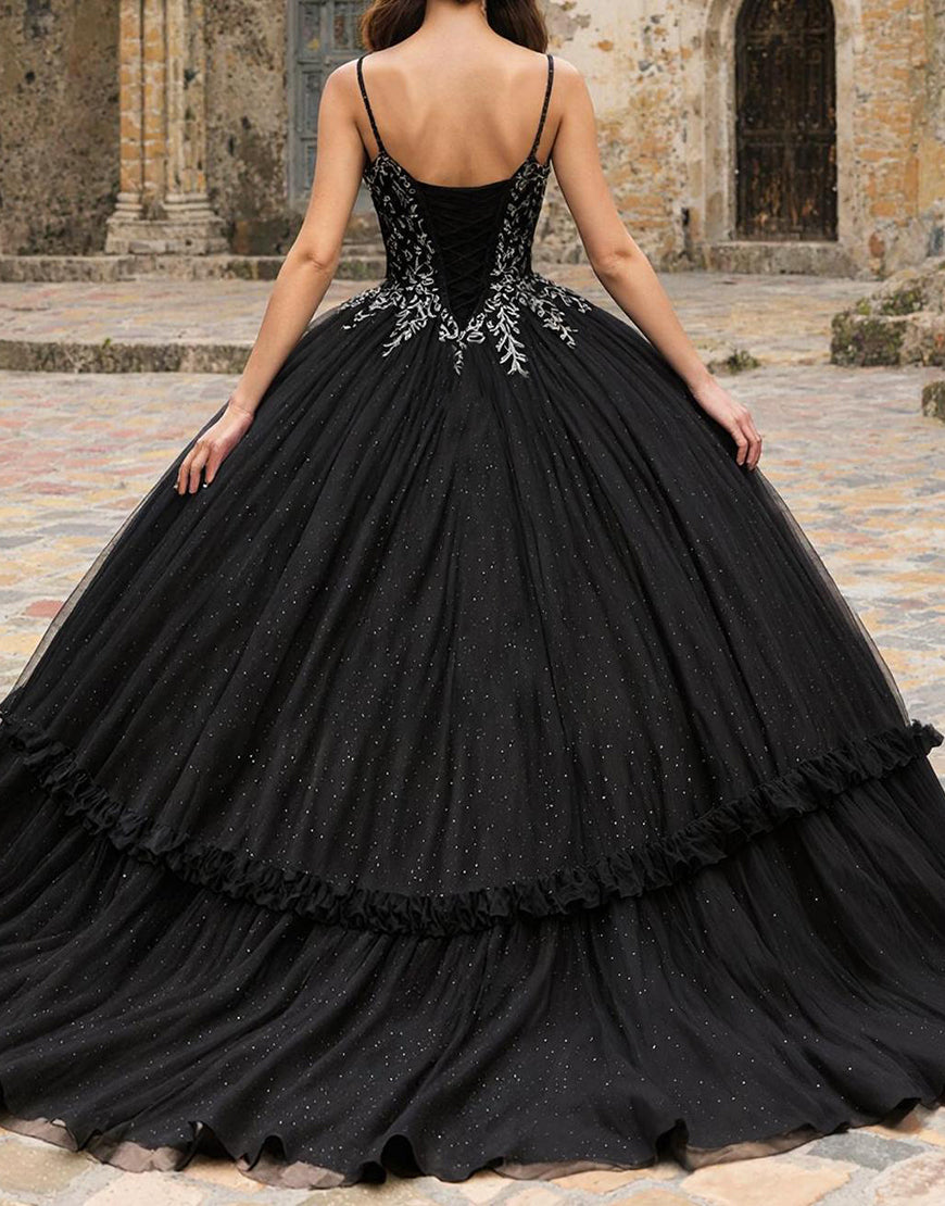 Black Spaghetti Straps Tulle Princess Quinceanera Dress with Appliques