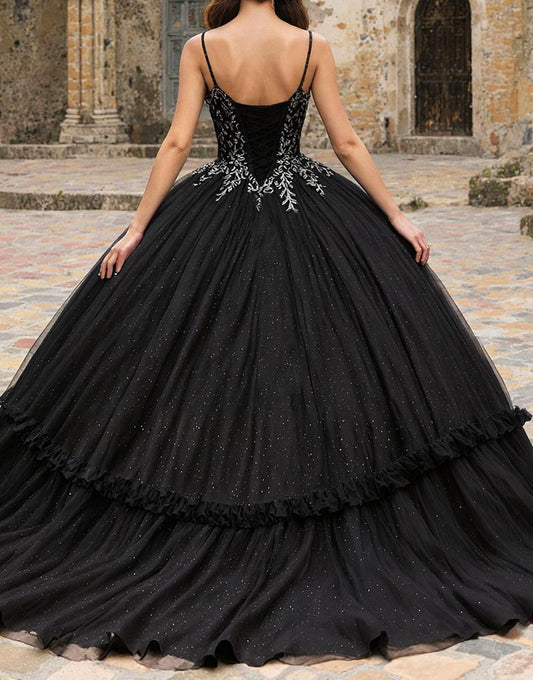 Black Spaghetti Straps Tulle Princess Quinceanera Dress with Appliques
