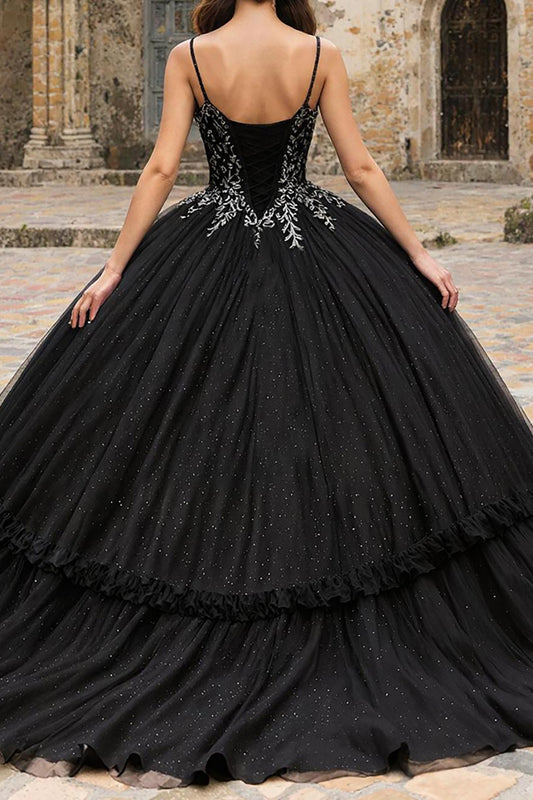Black Spaghetti Straps Tulle Princess Quinceanera Dress with Appliques