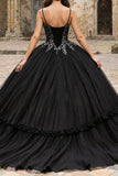 Black Spaghetti Straps Tulle Princess Quinceanera Dress with Appliques