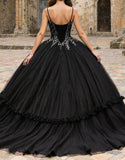 Black Spaghetti Straps Tulle Princess Quinceanera Dress with Appliques