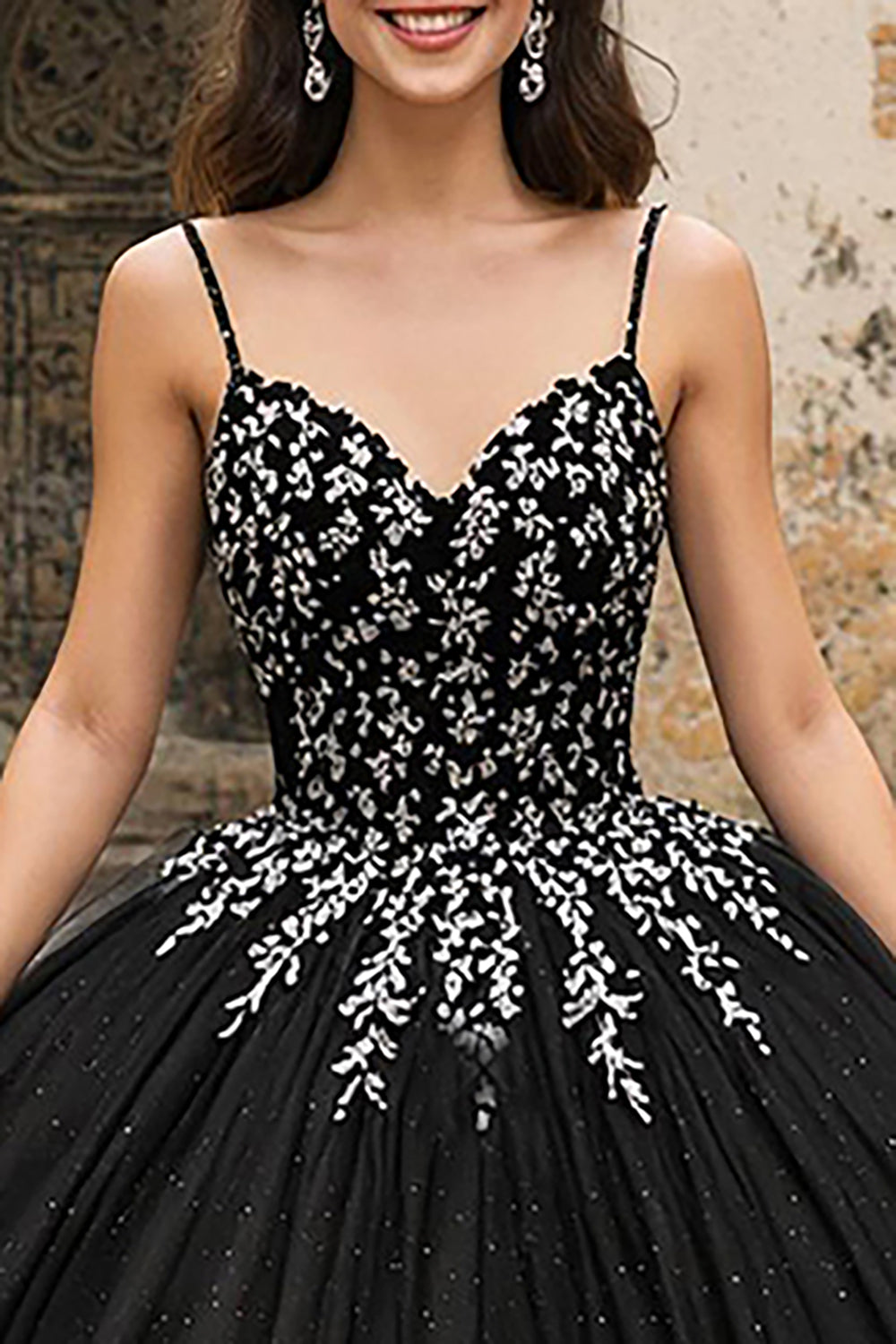 Black Spaghetti Straps Tulle Princess Quinceanera Dress with Appliques