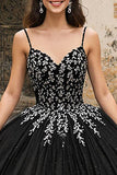 Black Spaghetti Straps Tulle Princess Quinceanera Dress with Appliques
