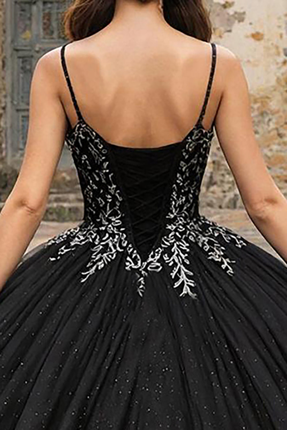 Black Spaghetti Straps Tulle Princess Quinceanera Dress with Appliques