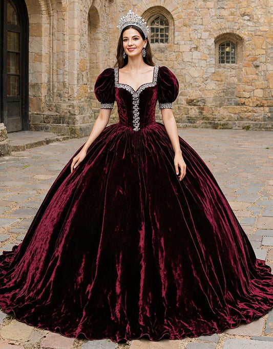 Sparkly Burgundy Square Neck Velevt Princess Quinceanera Dress with Beading