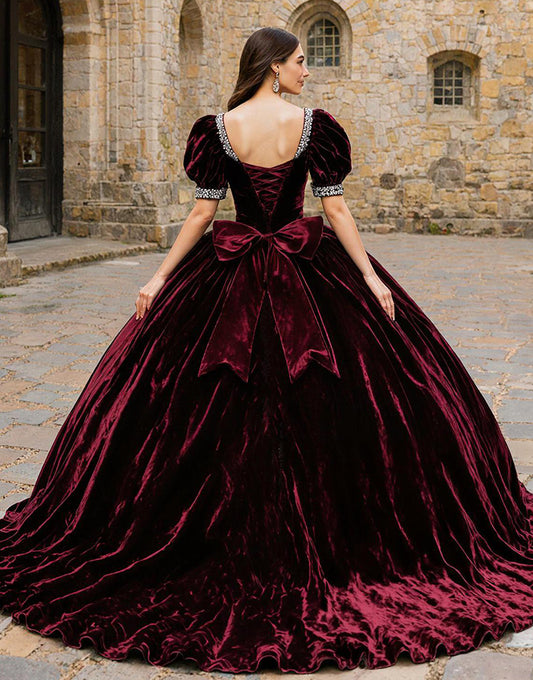 Sparkly Burgundy Square Neck Velevt Princess Quinceanera Dress with Beading