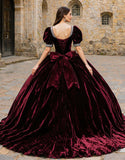 Sparkly Burgundy Square Neck Velevt Princess Quinceanera Dress with Beading