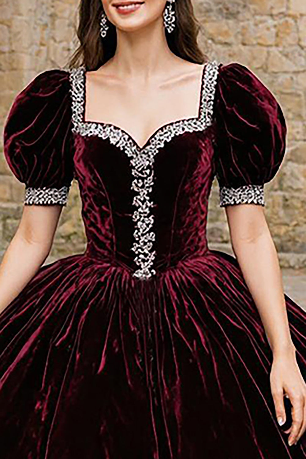 Sparkly Burgundy Square Neck Velevt Princess Quinceanera Dress with Beading