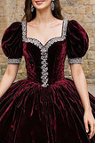 Sparkly Burgundy Square Neck Velevt Princess Quinceanera Dress with Beading