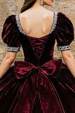 Sparkly Burgundy Square Neck Velevt Princess Quinceanera Dress with Beading