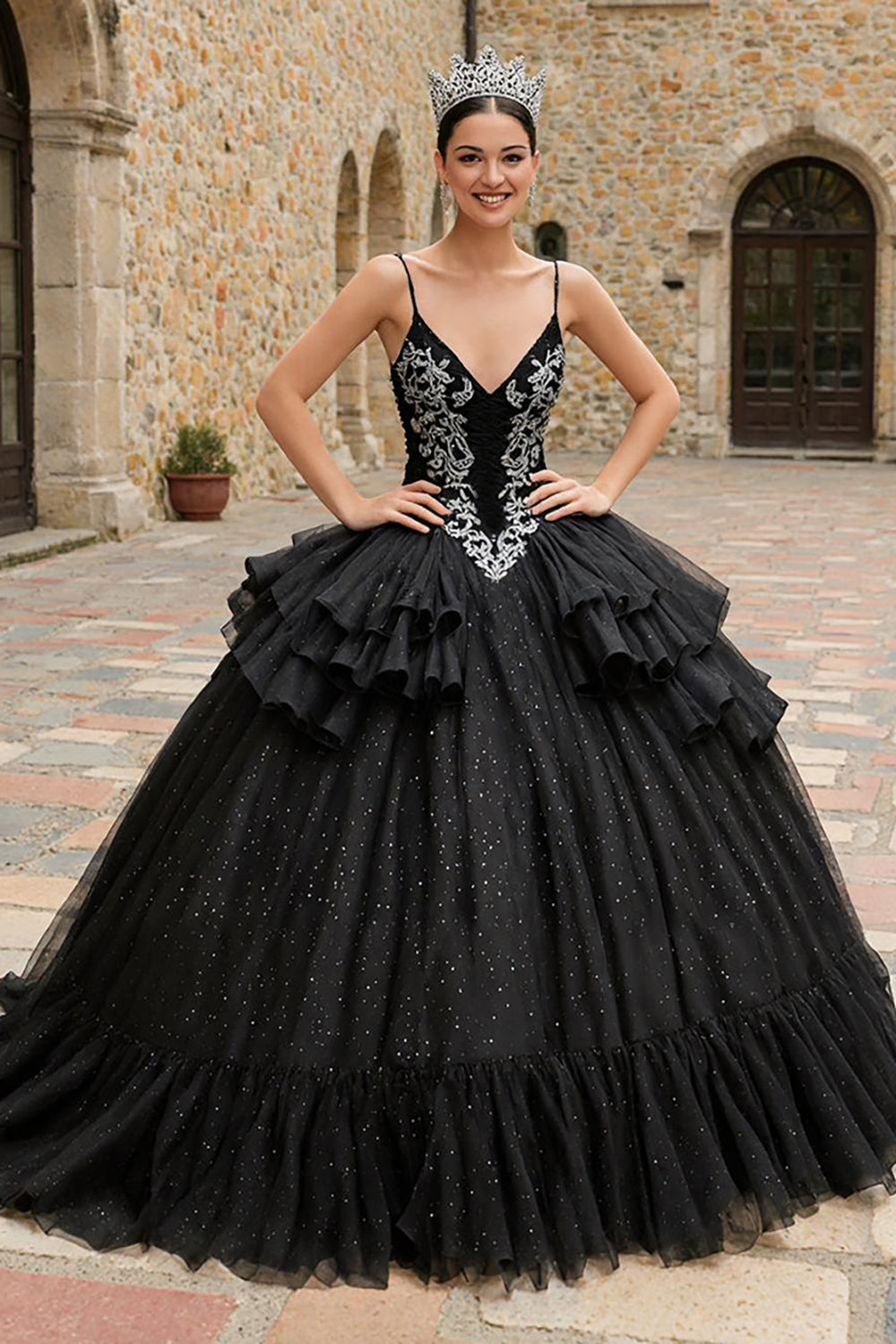 Glitter Black Spaghetti Straps Tulle Ruffled Princess Quinceanera Dress with Appliques