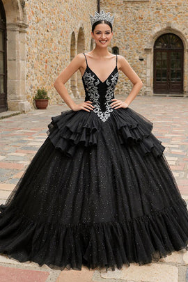 Glitter Black Spaghetti Straps Tulle Ruffled Princess Quinceanera Dress with Appliques