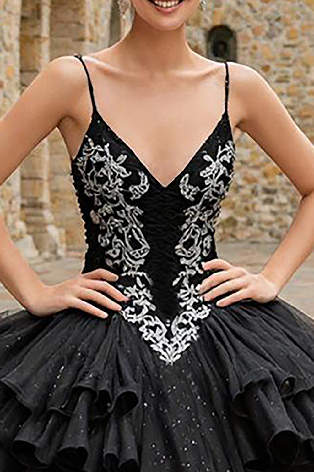 Glitter Black Spaghetti Straps Tulle Ruffled Princess Quinceanera Dress with Appliques