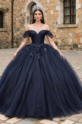 Sparkly Navy Off the Shoulder Tulle Princess Quinceanera Dress with Beading