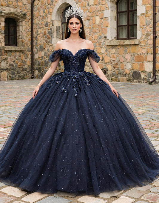 Sparkly Navy Off the Shoulder Tulle Princess Quinceanera Dress with Beading
