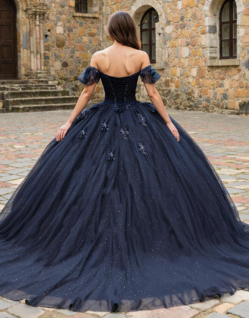 Sparkly Navy Off the Shoulder Tulle Princess Quinceanera Dress with Beading