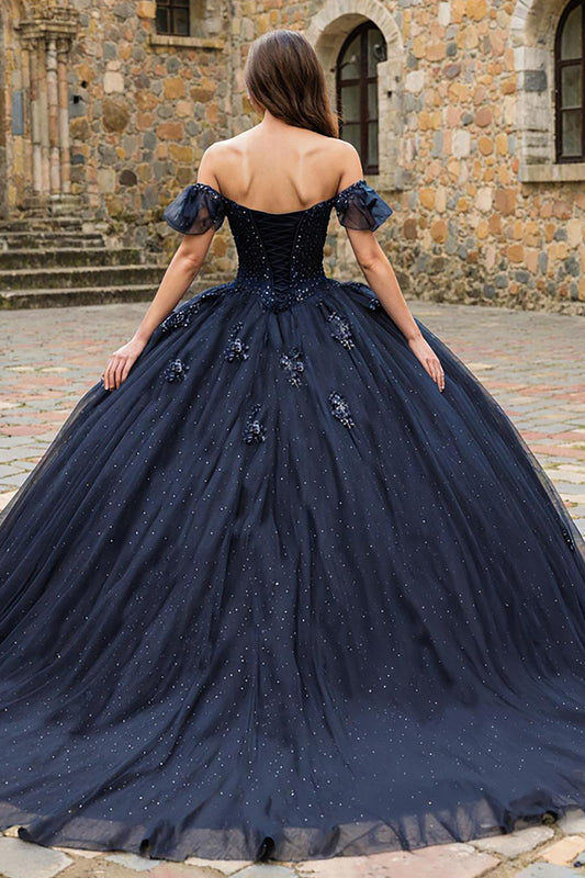 Sparkly Navy Off the Shoulder Tulle Princess Quinceanera Dress with Beading