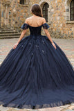 Sparkly Navy Off the Shoulder Tulle Princess Quinceanera Dress with Beading