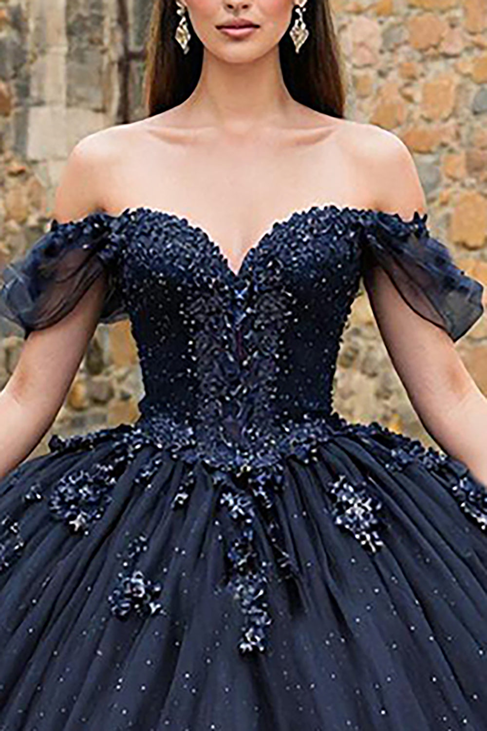 Sparkly Navy Off the Shoulder Tulle Princess Quinceanera Dress with Beading