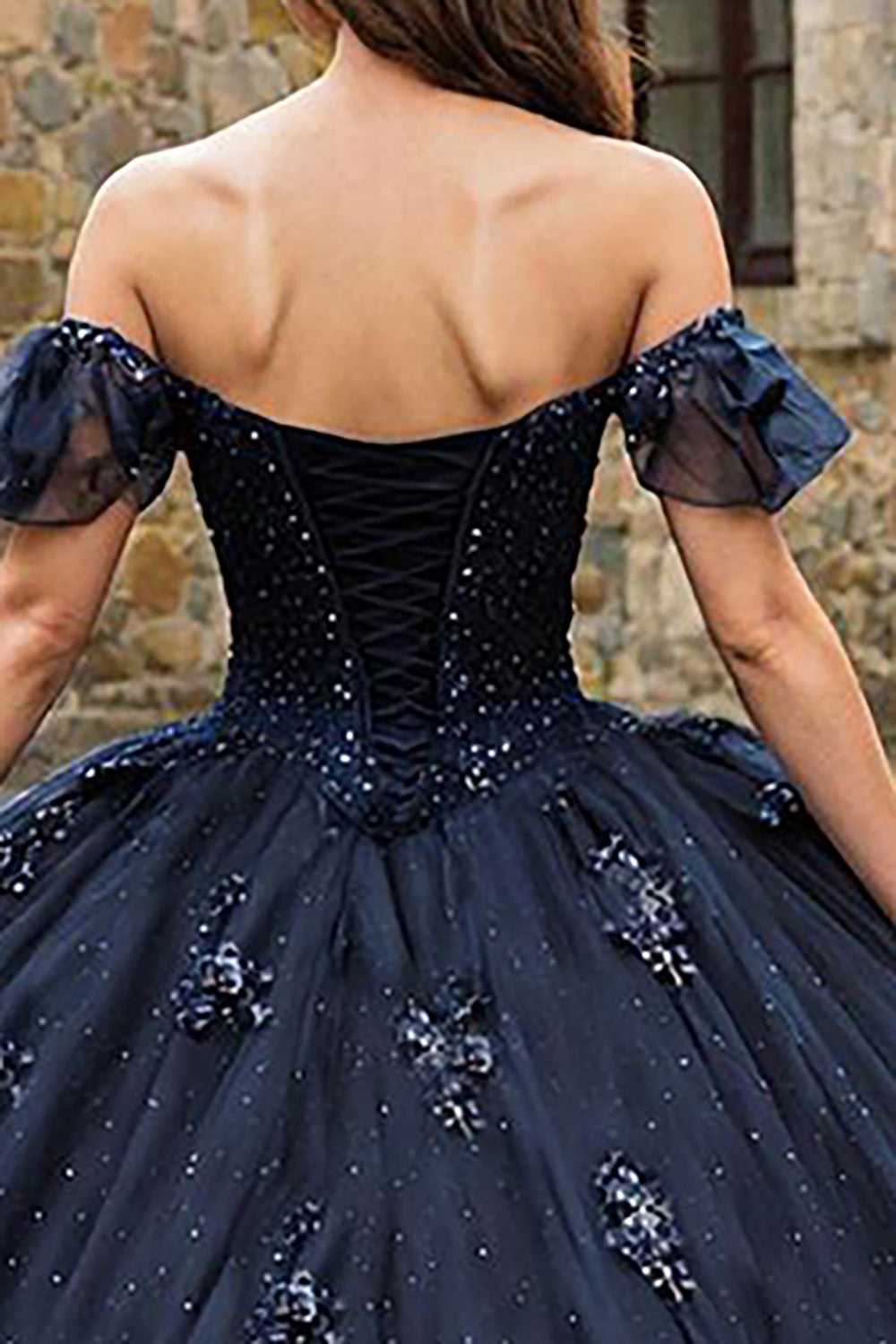 Sparkly Navy Off the Shoulder Tulle Princess Quinceanera Dress with Beading