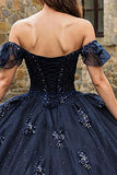 Sparkly Navy Off the Shoulder Tulle Princess Quinceanera Dress with Beading