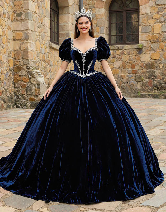 Navy Sweetheart Puff Sleeves Velvet Princess Quinceanera Dress with Appliques
