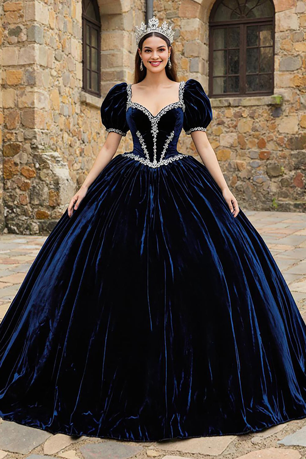 Navy Sweetheart Puff Sleeves Velvet Princess Quinceanera Dress with Appliques