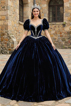 Navy Sweetheart Puff Sleeves Velvet Princess Quinceanera Dress with Appliques