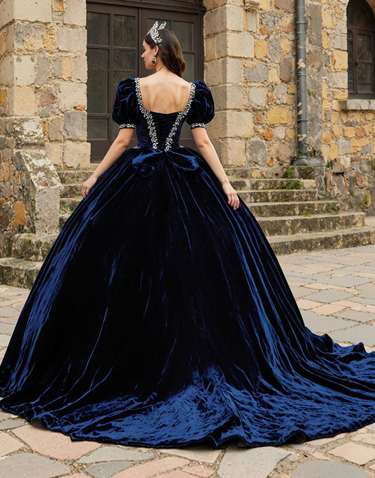 Navy Sweetheart Puff Sleeves Velvet Princess Quinceanera Dress with Appliques