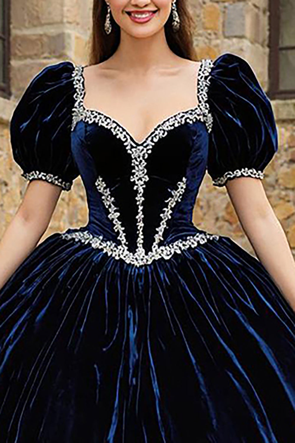 Navy Sweetheart Puff Sleeves Velvet Princess Quinceanera Dress with Appliques