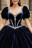 Navy Sweetheart Puff Sleeves Velvet Princess Quinceanera Dress with Appliques
