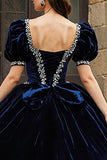 Navy Sweetheart Puff Sleeves Velvet Princess Quinceanera Dress with Appliques