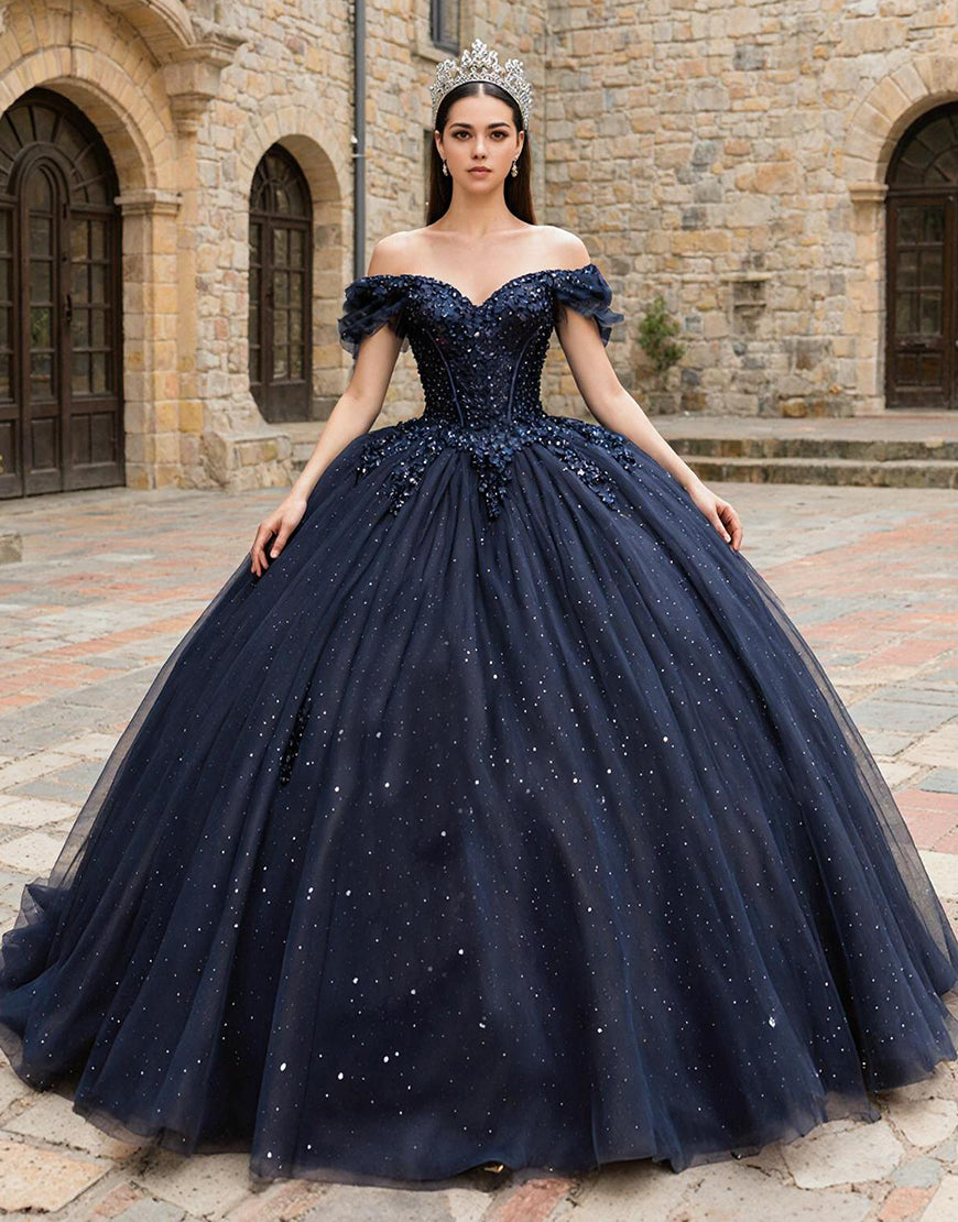 Sparkly Navy Off the Shoulder Tulle Princess Corset Appliqued Quinceanera Dress with Beading