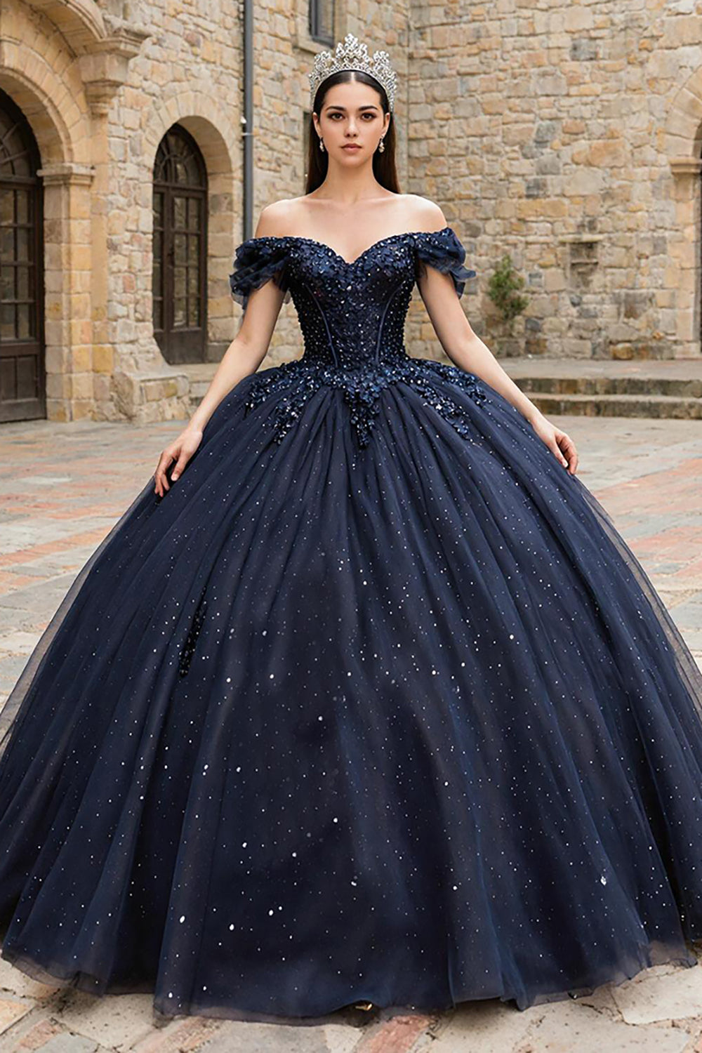 Sparkly Navy Off the Shoulder Tulle Princess Corset Appliqued Quinceanera Dress with Beading