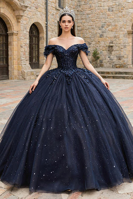 Sparkly Navy Off the Shoulder Tulle Princess Corset Appliqued Quinceanera Dress with Beading