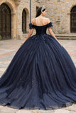 Sparkly Navy Off the Shoulder Tulle Princess Corset Appliqued Quinceanera Dress with Beading