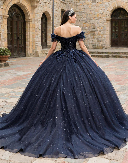 Sparkly Navy Off the Shoulder Tulle Princess Corset Appliqued Quinceanera Dress with Beading