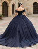 Sparkly Navy Off the Shoulder Tulle Princess Corset Appliqued Quinceanera Dress with Beading