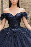 Sparkly Navy Off the Shoulder Tulle Princess Corset Appliqued Quinceanera Dress with Beading