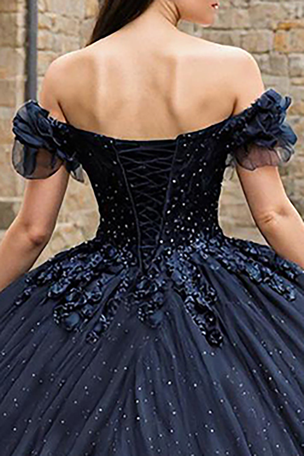 Sparkly Navy Off the Shoulder Tulle Princess Corset Appliqued Quinceanera Dress with Beading
