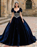 Navy Velvet Sweetheart Puff Sleeves Princess Quinceanera Dress with Appliques
