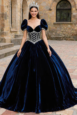 Navy Velvet Sweetheart Puff Sleeves Princess Quinceanera Dress with Appliques